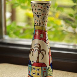 ExclusiveLane Beige & Red The Hut Long-Neck Hand-Painted Ceramic Vase (12 inches)-13