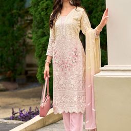 Indo Era Floral Embroidered Sequinned Straight Organza Kurta With Trousers And Dupatta-58