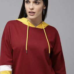 Van Heusen Women Maroon And Yellow Colourblocked Hooded Sweatshirt-image-79