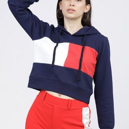 Tokyo Talkies Women Navy Blue & Red Colourblocked Hooded Sweatshirt-image-58