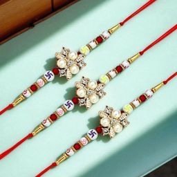 ADIVA Stones Studded And Beaded Thread Rakhi With Roli Chawal & Greetings Card-image-98
