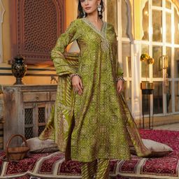 KALINI Women Ethnic Motifs Printed Regular Thread Work Kurta with Trousers & Dupatta-image-13