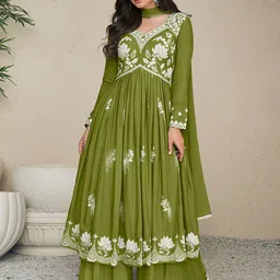 Peachmode Women Alia Cut Floral Embroidered Regular Thread Work Kurta with Palazzos & With Dupatta-image-2