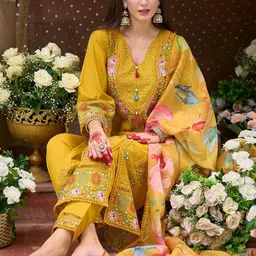 Indo Era Women Floral Embroidered Panelled Thread Work Kurta with Trousers & With Dupatta-image-37