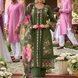 Indo Era Women Floral Embroidered Panelled Thread Work Kurta with Trousers & With Dupatta-41