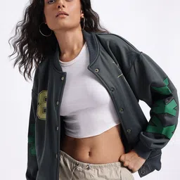 Stylecast X Hersheinbox Conversational Print Pure Cotton Stand Collar Varsity Jacket-image-2