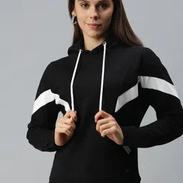 Campus Sutra Women Black Striped Detail Hooded Pullover Sweatshirt-picture-4
