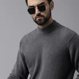 Arrow Men Grey Self Design Open Knit High Neck Pullover Sweater-image-0