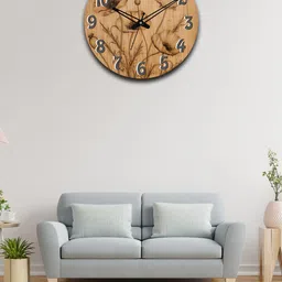 OLIVE TREE Brown Printed Wooden Round Shaped Contemporary Wall Clock-32