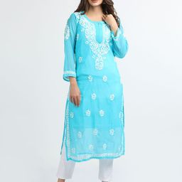 FAWOMENT Women Blue & White Floral Embroidered Mirror Work Handloom Georgette Kurta-26