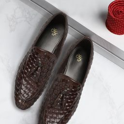 House of Pataudi Men Coffee Brown Basketweave Handcrafted Tasselled Leather Loafers-image-47