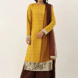 Ethnovog Women Mustard YellowBrown Printed Kurta with PalazzosDupatta-image-13