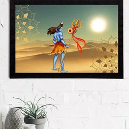eCraftIndia Beige & Blue Lord Shiva Satin Matt Textured UV Wall Art-picture-5