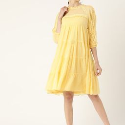 Antheaa Yellow Self Design A-Line Tiered Dress With Lace Inserts & Puff Sleeves-picture-18