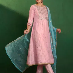 Sangria Sequin Embroidered Straight Kurta With Trouser & Dupatta-11