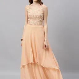 Ethnovog Women Peach-Coloured Embroidered Fit and Flare Dress-image-14