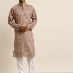 SOJANYA Men Brown & Beige Pure Cotton Geometric Printed Kurta-picture-3