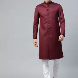 Luxrio Men Maroon & White Solid Slim Fit Sherwani with Pyjamas-image-79