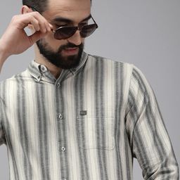 THE BEAR HOUSE Men Beige & Grey Slim Fit Striped Cotton Casual Shirt-image-62