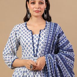 anayna Ethnic Motifs Printed Pure Cotton Round Neck Anarkali Kurta with Trousers & Dupatta-picture-37