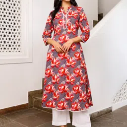 Ambraee Women Multicoloured Floral Printed Pure Cotton Kurta Set-picture-24