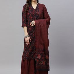 MIRAVAN Women Maroon Ethnic Motifs Printed Pure Cotton Kurta with Sharara & Dupatta-picture-29