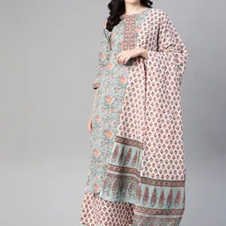 AHIKA Women Blue & Coral Red Motifs Printed Pure Cotton Kurta with Palazzos & Dupatta-image-55
