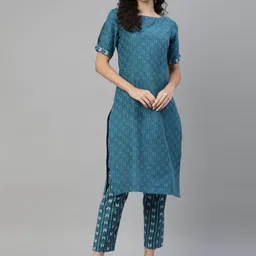 Laado - Pamper Yourself Women Teal Printed Pure Cotton Kurta with Trousers-picture-37