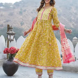 KALINI Floral Printed Gotta Patti Anarkali Pure Cotton Kurta With Trousers & Dupatta-picture-14