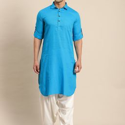 RAJUBHAI HARGOVINDAS Men Blue Woven Design Pure Cotton Pathani Kurta-picture-22