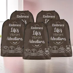 Aura Brown & White 5 Pieces Printed Reusable Cloth Storage Bag Organisers-1