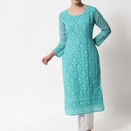VAIRAGEE Women Blue Ethnic Motifs Chikankari Georgette Kurta-21
