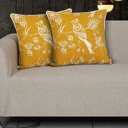Ode & Cleo Mustard Yellow & White Embroidered Pure Cotton Square Cushion Cover-29