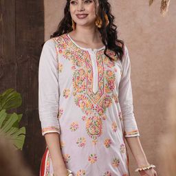 ADA Women White & Red Chikankari Embroidered Pure Cotton Straight Sustainable Handloom Kurti-31
