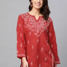 ADA Women Maroon & White Chikankari Embroidered Pure Cotton Straight Sustainable Kurti-image-70