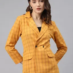Cottinfab Mustard Yellow & Black Checked Slim-Fit Double-Breasted Cotton Formal Blazer-41