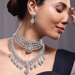 Rubans Set of 2 Silver-Plated AAA Cubic Zirconia Studded Dual-Layer Choker & Necklace Set-image-15