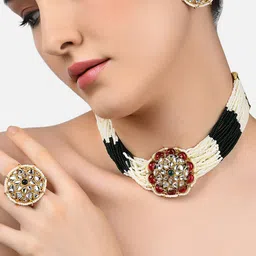 Zaveri Pearls Gold-Plated Off White & Green Stone-Studded Pearls Beaded Layered Jewellery Set-picture-35