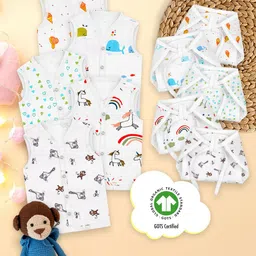 Moms Home Infants Set Of 5 Printed Organic Cotton Muslin Jhabla With Nappy-13