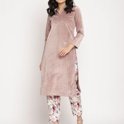 Ahalyaa Women Purple & Off-White Solid Velvet Kurta with Palazzos-image-80