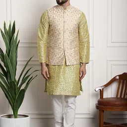 SOJANYA Men Lime Green Ethnic Motifs Printed Kurta with Pyjamas & Nehru Jacket-3