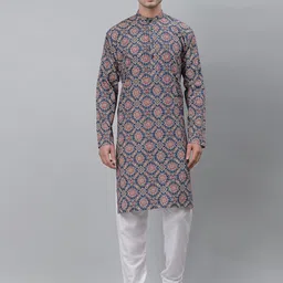NEUDIS Men Blue Printed Angrakha Pure Cotton Kurta with Pyjamas-picture-8