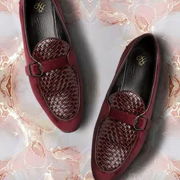 House of Pataudi Men Burgundy & Brown Basketweave Textured Handcrafted Leather Loafers-image-86