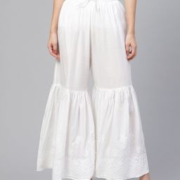 ADA Women White Chikankari Hand Embroidered Handloom Chambray Sustainable Sharara Pants-image-27