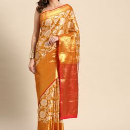Silk Land Gold-Toned & White Floral Zari Tissue Heavy Work Kanjeevaram Saree-image-81