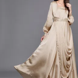 Inddus Beige Satin Solid Flared Gown with Attached Dupatta and Embroidered Belt image 5