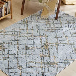 Home Centre Zephyr Juno Blue & Yellow Geometric Printed Rectangular Woven Carpet image 3