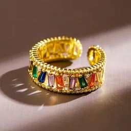Rubans 18K Gold Plated Multicolored Baguette & Cubic Zirconia Studded Adjustable Ring image 3