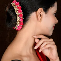 Sanjog Women Pink & Gold Embellished Hair Accessory Flower Gajra-image-58