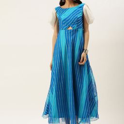 Ethnovog Women BlueWhite Striped A-Line Maxi Made To Measure Dress-image-3